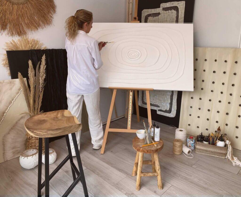 Magali Rozenberg with Circles of Calm in her Benahavis atelier, bespoke handmade art in Marbella.