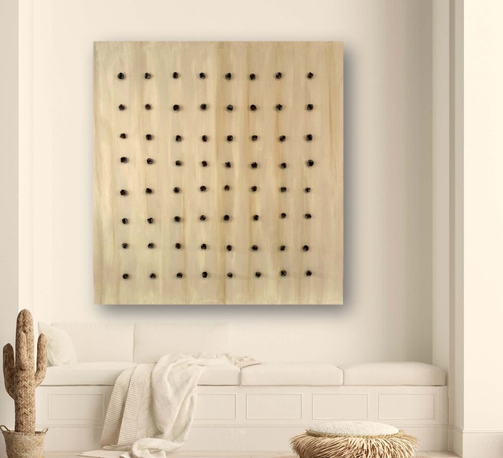 Whispers of Texture by Magali Rozenberg, beige textured art in a Marbella living room, bespoke luxury art