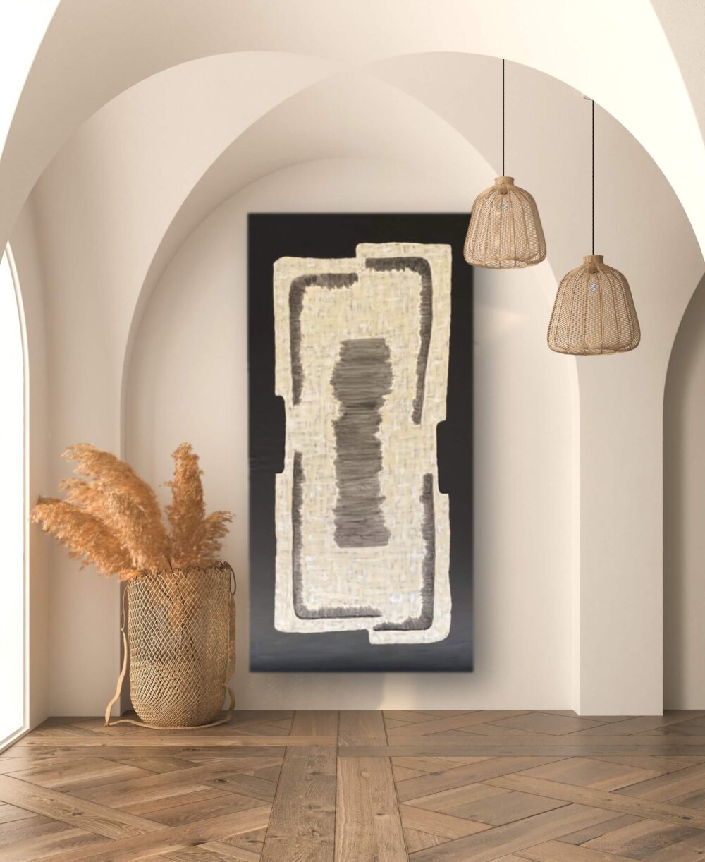 Echoes of Silence by Magali Rozenberg, textured abstract art with grey and beige tones, bespoke contemporary art in Marbella villa