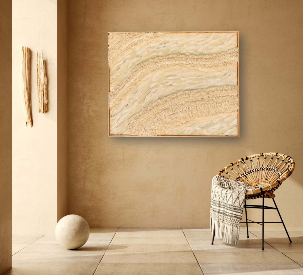 Tides of Serenity by Magali Rozenberg, textured beige art in a modern Marbella interior, bespoke luxury art