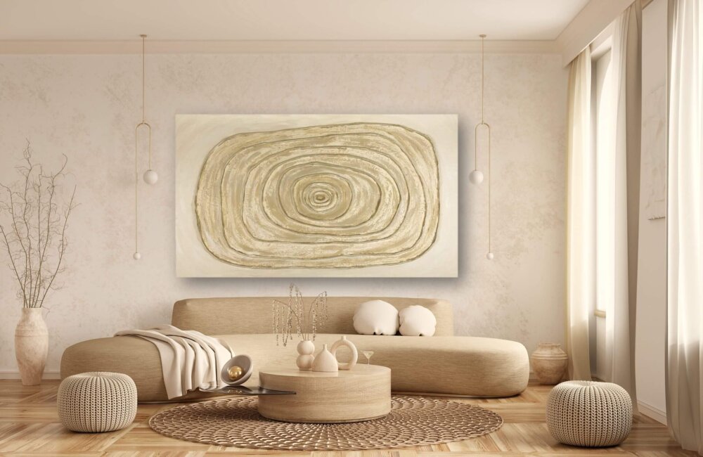 Circles of Calm in a Marbella living room, bespoke art for luxury interiors.