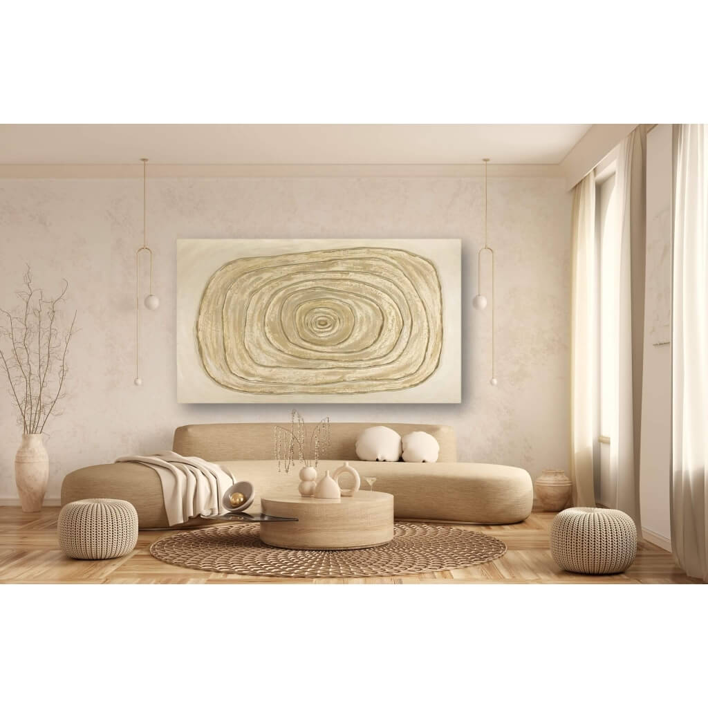 Circles of Calm in a Marbella living room, bespoke art for luxury interiors.