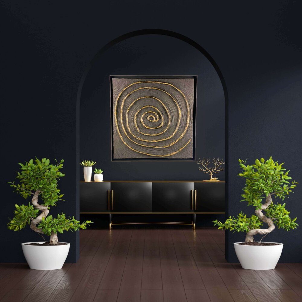 Handmade black and gold textured abstract artwork with spiral design – Circles of Flow by Makirama by Magali.