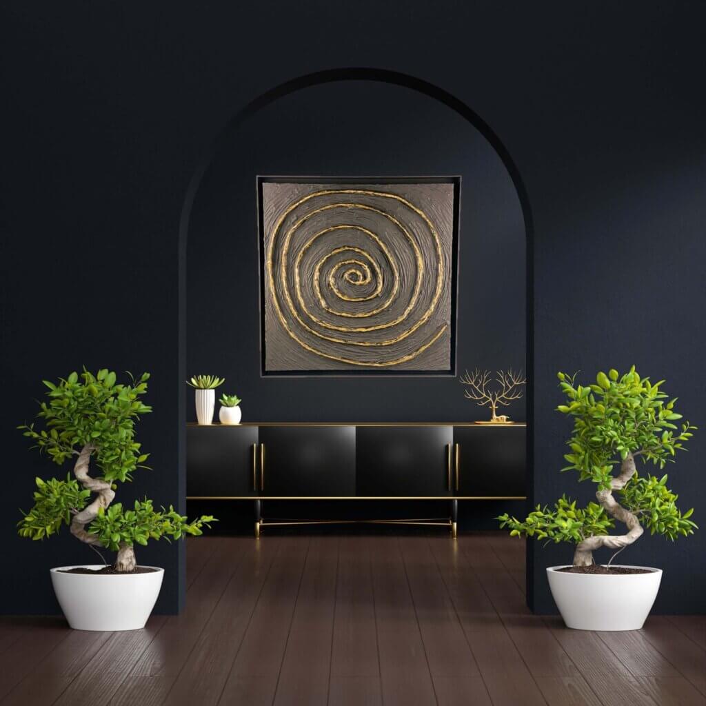Handmade black and gold textured abstract artwork with spiral design – Circles of Flow by Makirama by Magali.